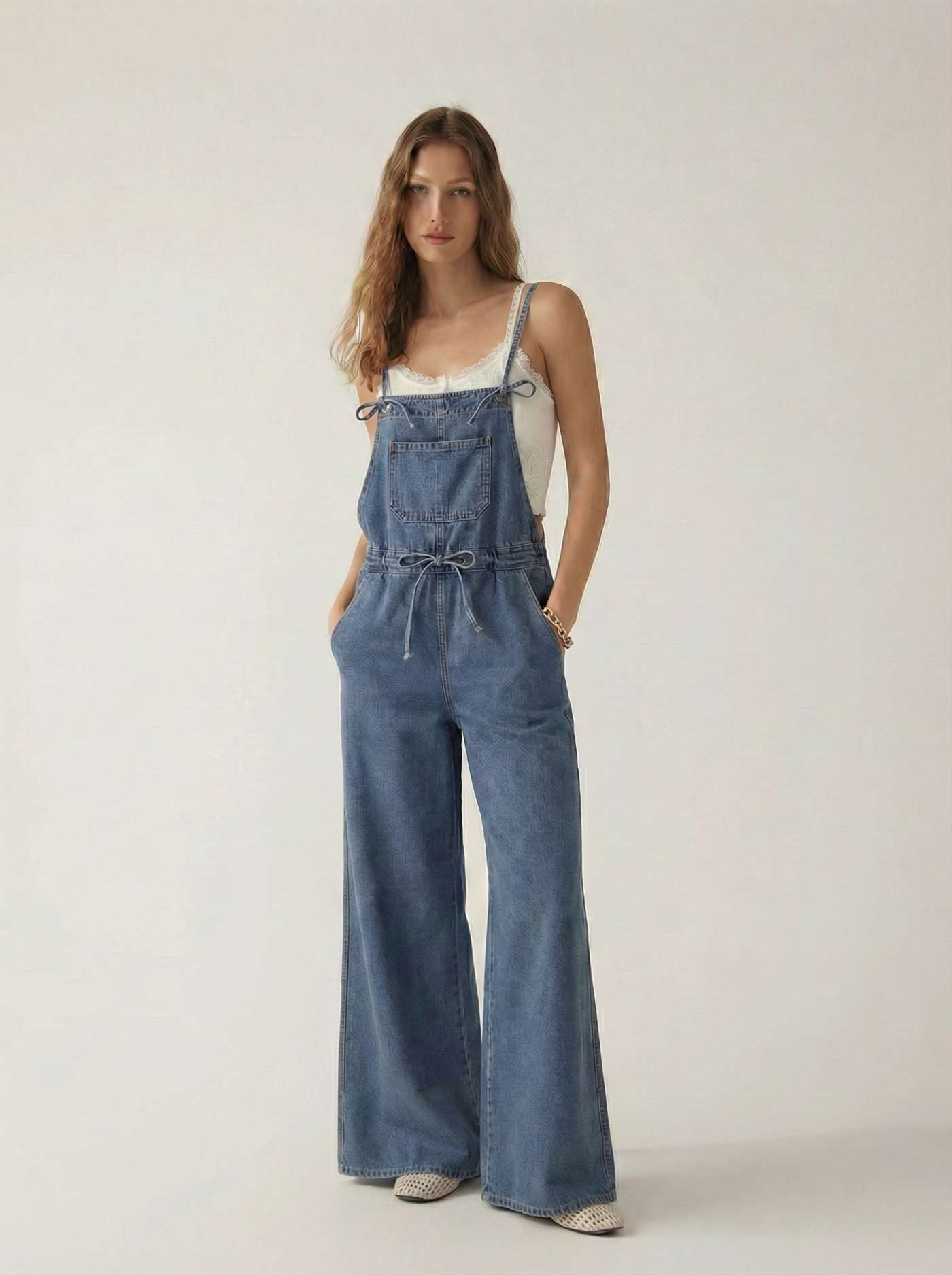 Denim Square Neck Bowknot Wide Leg Jumpsuit | Cider