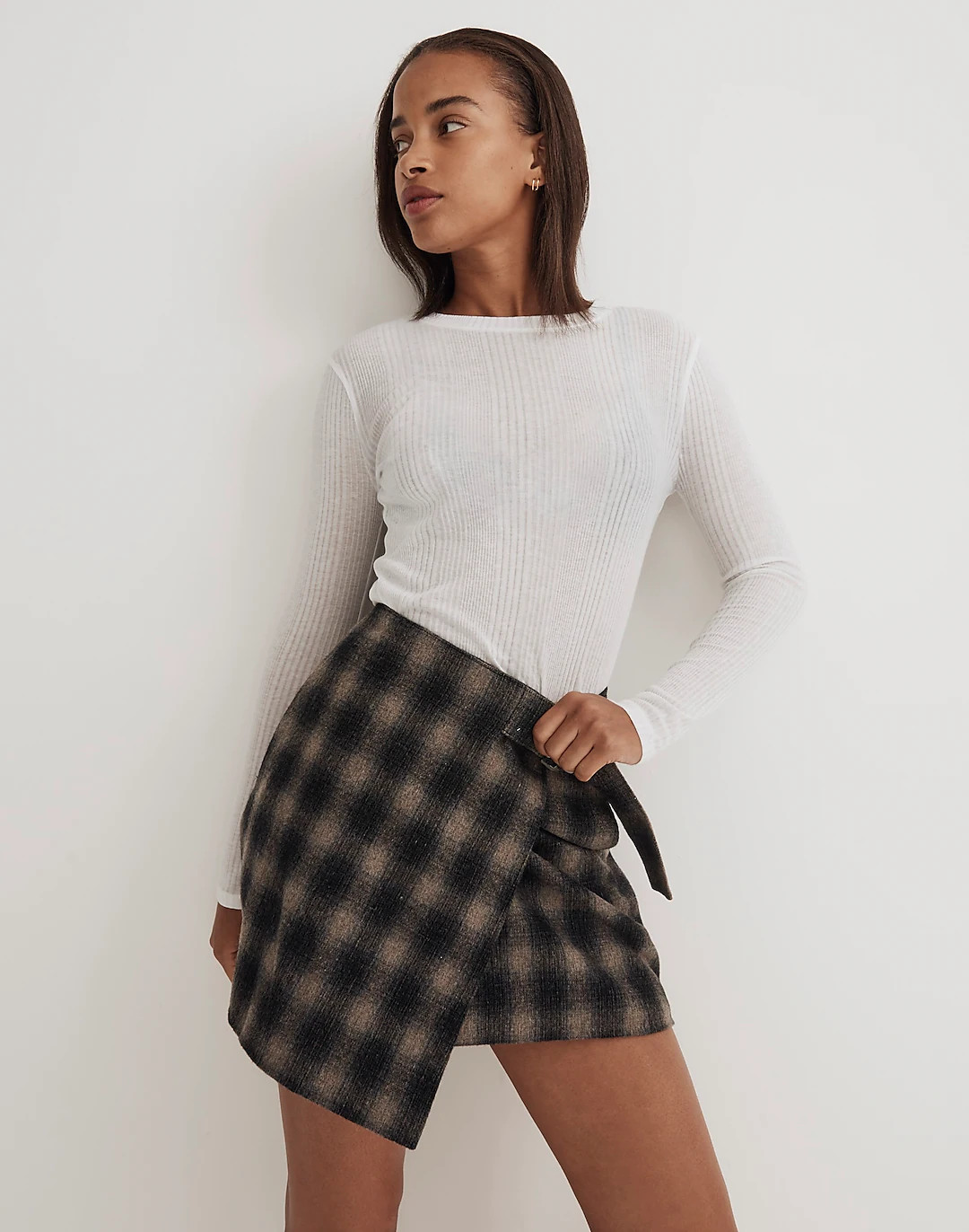 Buckle-Belt Wrap Mini Skirt in Plaid | Madewell