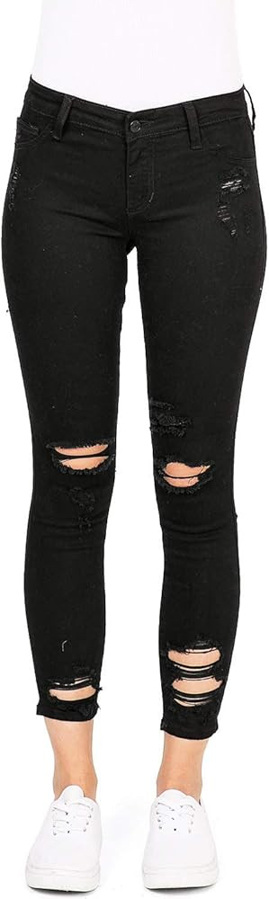 Women's Juniors Mid Rise Distressed Skinny Jeans | Amazon (US)