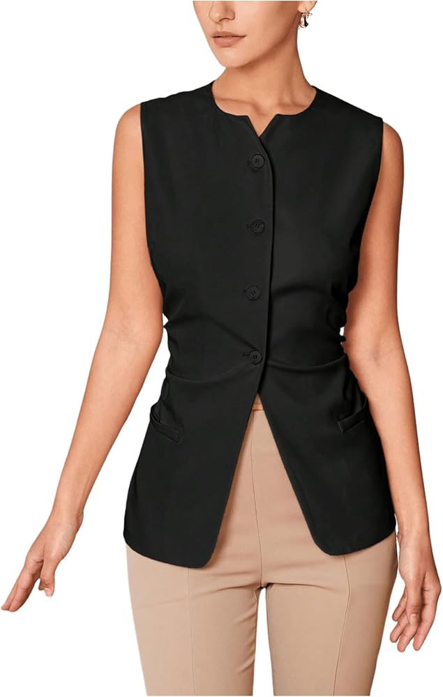 MakeMeChic Women's Asymmetrical Hem Notch Neck Blazer Vest Single Breasted Sleeveless Coats | Amazon (US)