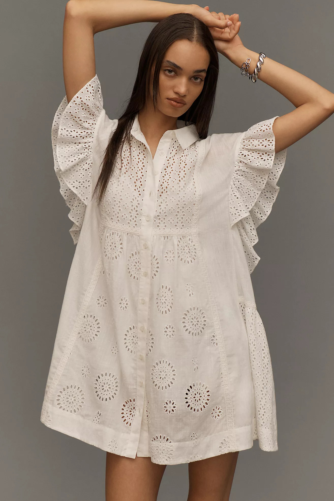 By Anthropologie Flutter-Sleeve Collared Eyelet Mini Dress | Anthropologie (US)