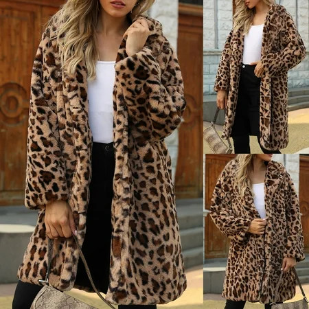 Qeaghou Women Faux Fur Coat Winter Leopard Long Coats Loose Fit Oversized Long Sleeve Open Front Warm Fur Coat with Pockets Deals Of The Day Clearance | Walmart (US)