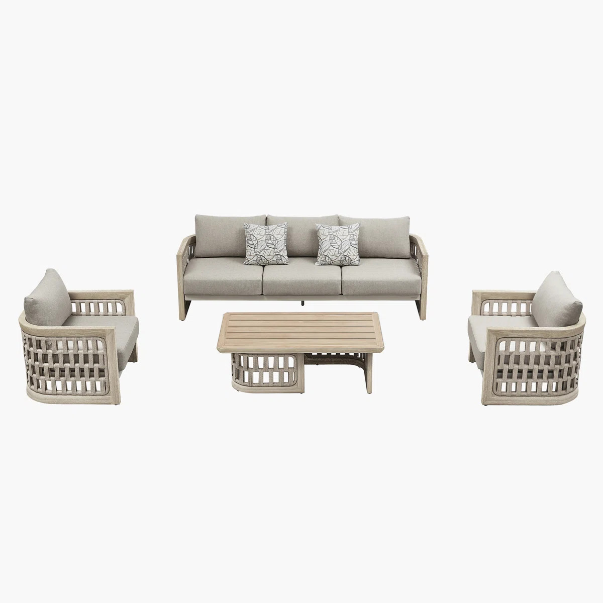 Riva 4 - Pieces Outdoor Patio Coversation Sofa Set, 3D Teak-Like Texture Finished, Aluminum Frame | Wayfair North America