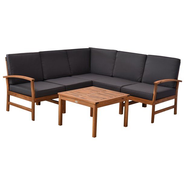 Outsunny 6 Piece Solid Acacia Wood L Shape Corner Sectional Sofa Furniture Set | Walmart (US)