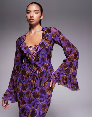 AFRM knitted lace up bell sleeve top co-ord in purple floral | ASOS (Global)