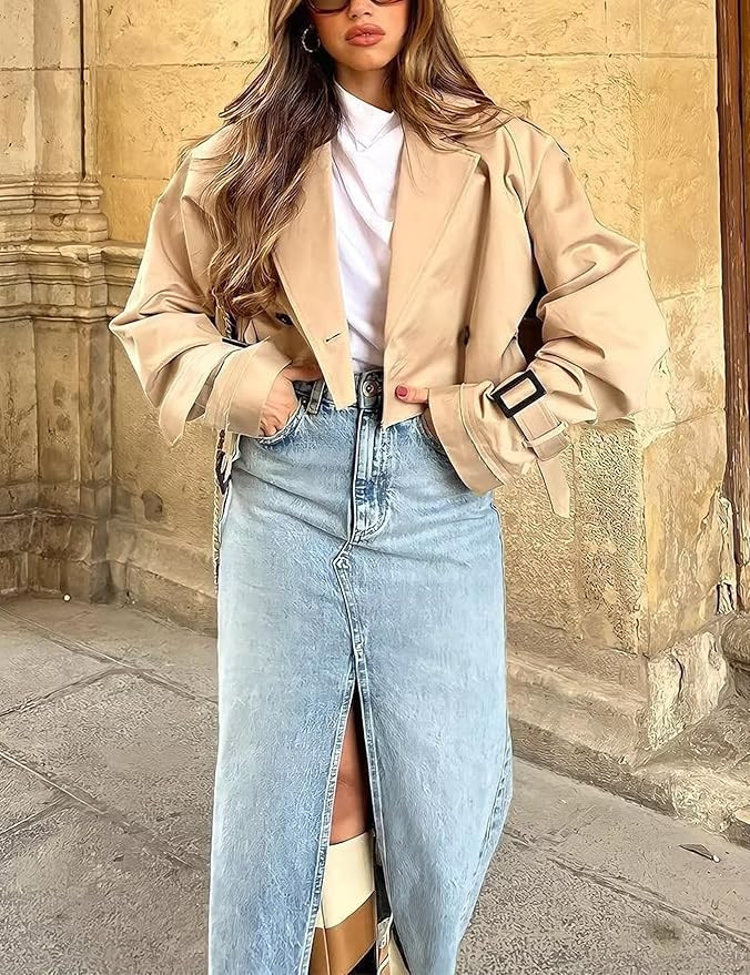 Xiaoxuemeng Womens Cropped Bike Jacket Casual Double Breasted Trench Coat with Belt | Amazon (US)