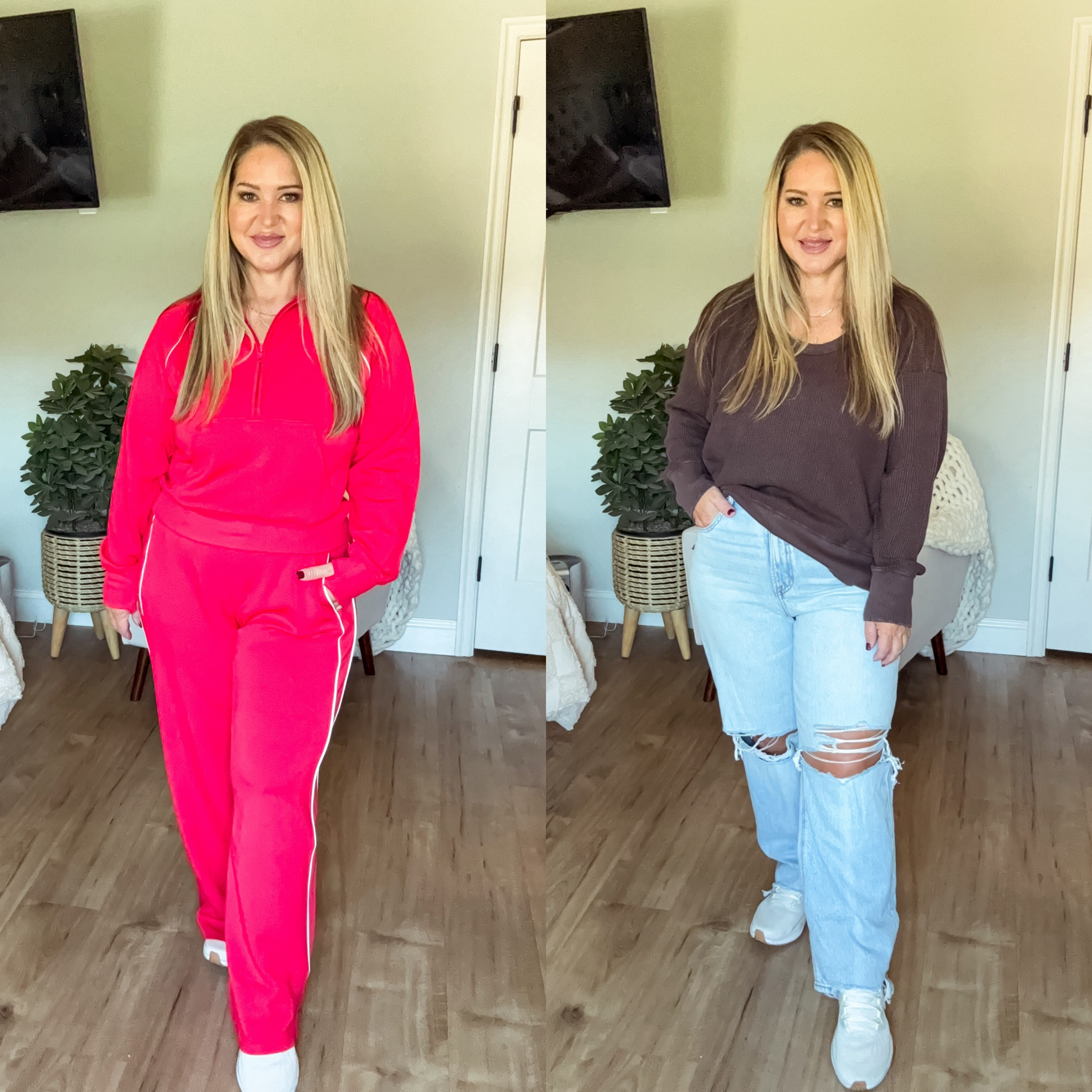 Sweatshirt size medium
Sweatpants size large short but could do a medium 
Jeans size 12 short
Waffle top size medium 
Sneakers tts 

#LTKMidsize #LTKActive #LTKOver40