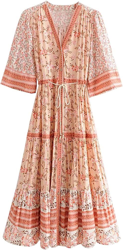 Boho Dresses for Women 3/4 Long Sleeve Floral Print Retro V Neck Tassel Bohemian Midi Dresses | Amazon (US)