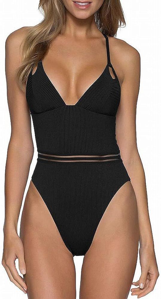 Women's Swimwear Small Ribbed One-Piece Black S | Amazon (US)