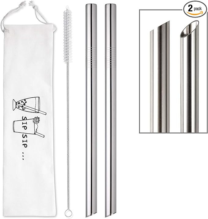 [Angled Tips] 2 Pcs Jumbo Reusable Bubble Tea Straws & Smoothie Straws, 0.5" Wide Stainless Steel... | Amazon (US)