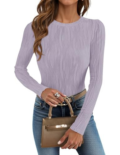 ZESICA Long Sleeve Shirts for Women Tops Fall Fashion Trendy Slim fit Textured Tshirts Purple L | Amazon (US)