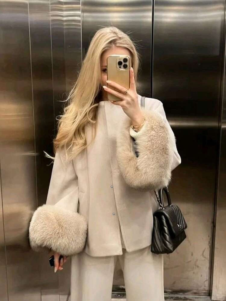 Serisse Fall Winter 2025 Women Women's Fashionable And Elegant Button Cuff Overcoat, Neutral For Women, Neutral, Bell Sleeve | SHEIN