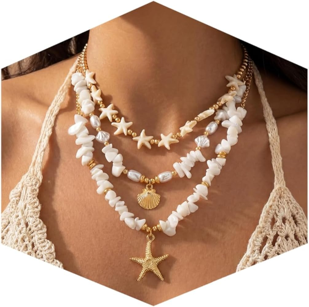 Shell Starfish Necklace for Women, Gold Plated Boho Layered Pendant Necklace with Pearl Conch Cha... | Amazon (US)