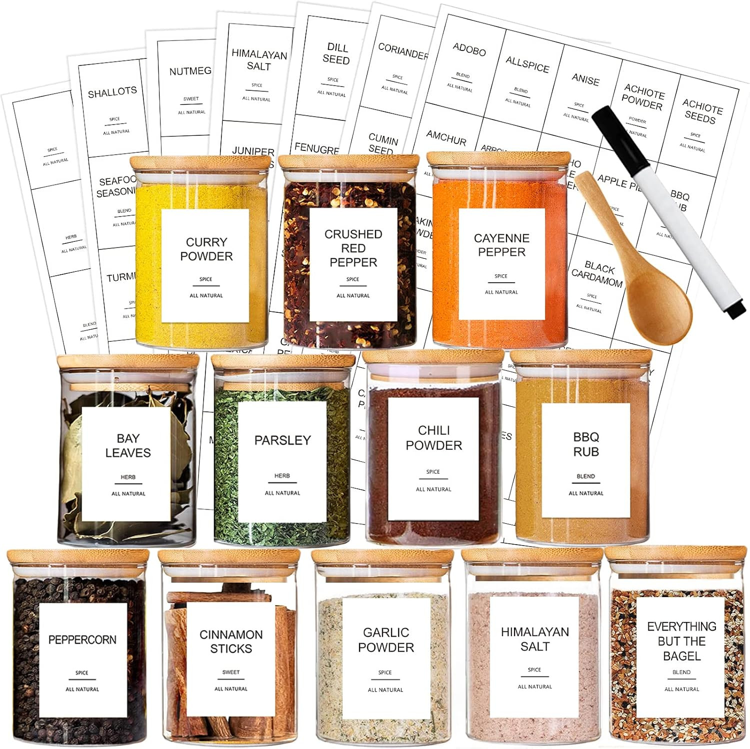 GPOVVIMX 12 Pcs Glass Spice Jars with Bamboo Airtight Lids and 191 Labels - 8.5oz Small Food Storage Containers for Kitchen, Seasoning, Coffee, Herb - Spoon and Marker Included | Amazon (US)