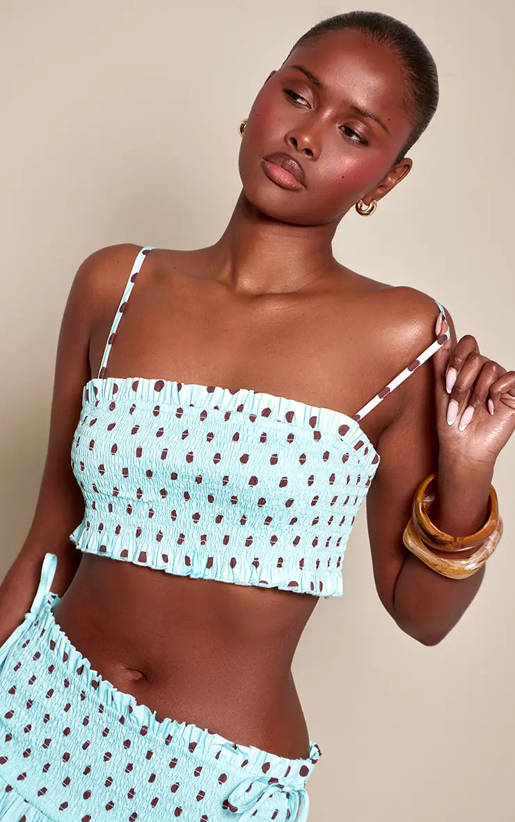 Baby Blue Polka Dot Shirred Top | PrettyLittleThing UK
