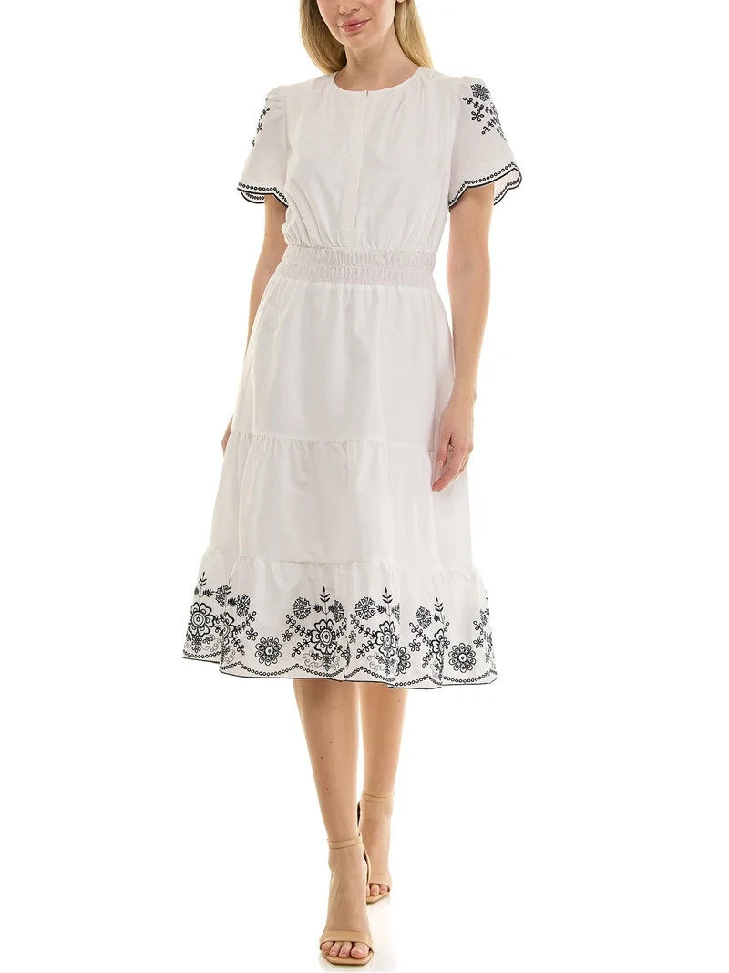 Nanette Lepore Split Neck Cotton Midi Dress With Embroidery | Walmart (US)