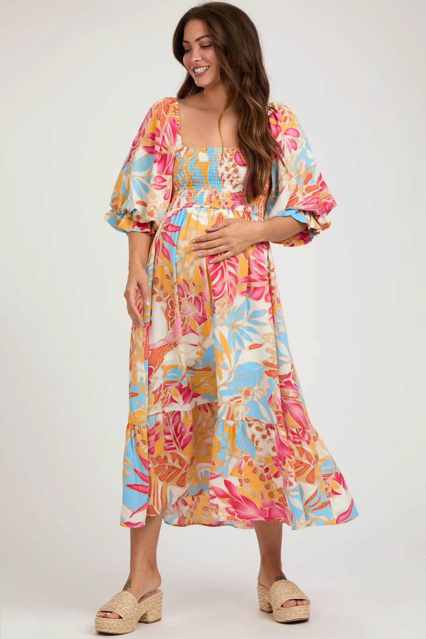 Fuchsia Leaf Print Puff Sleeve Smocked Maternity Midi Dress | PinkBlush Maternity