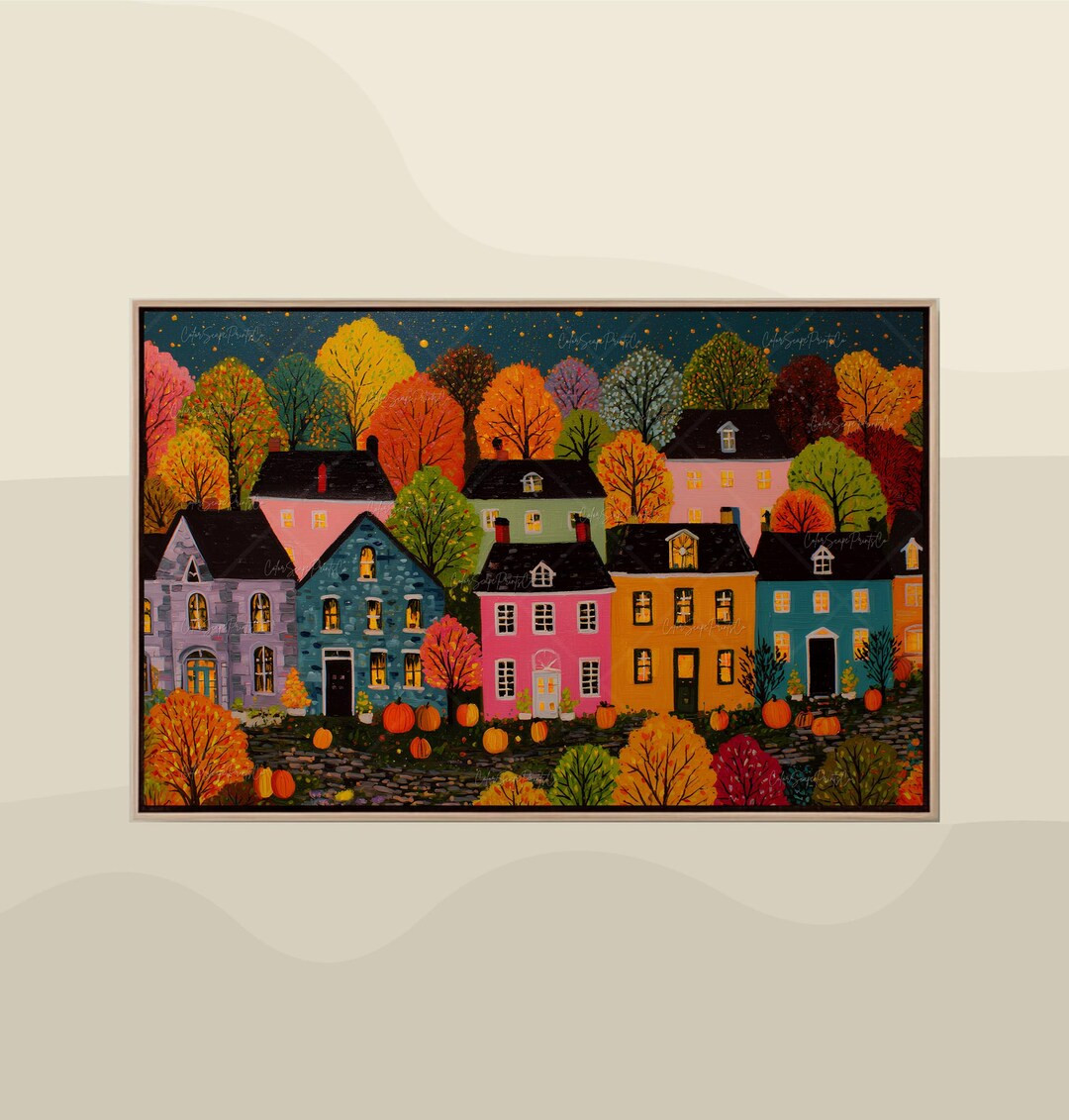 Printable Autumn Village Painting Warm Autumn Landscape Art Print Cozy Fall Houses Wall Art Pumpk... | Etsy (US)