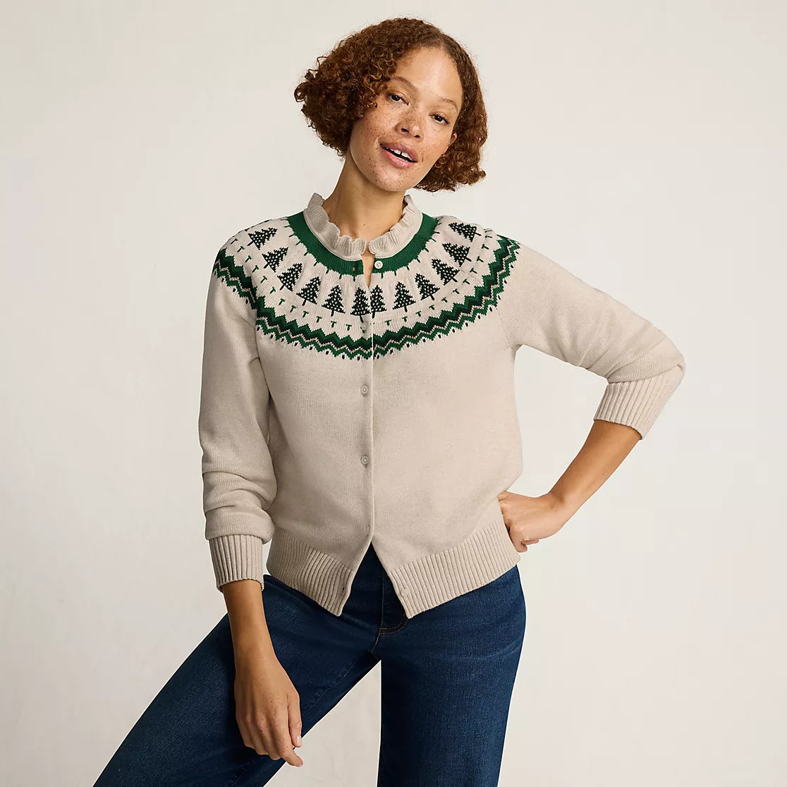 Women's Drifter Lurex Ruffle Neck Jacquard Cardigan Sweater | Lands' End (US)