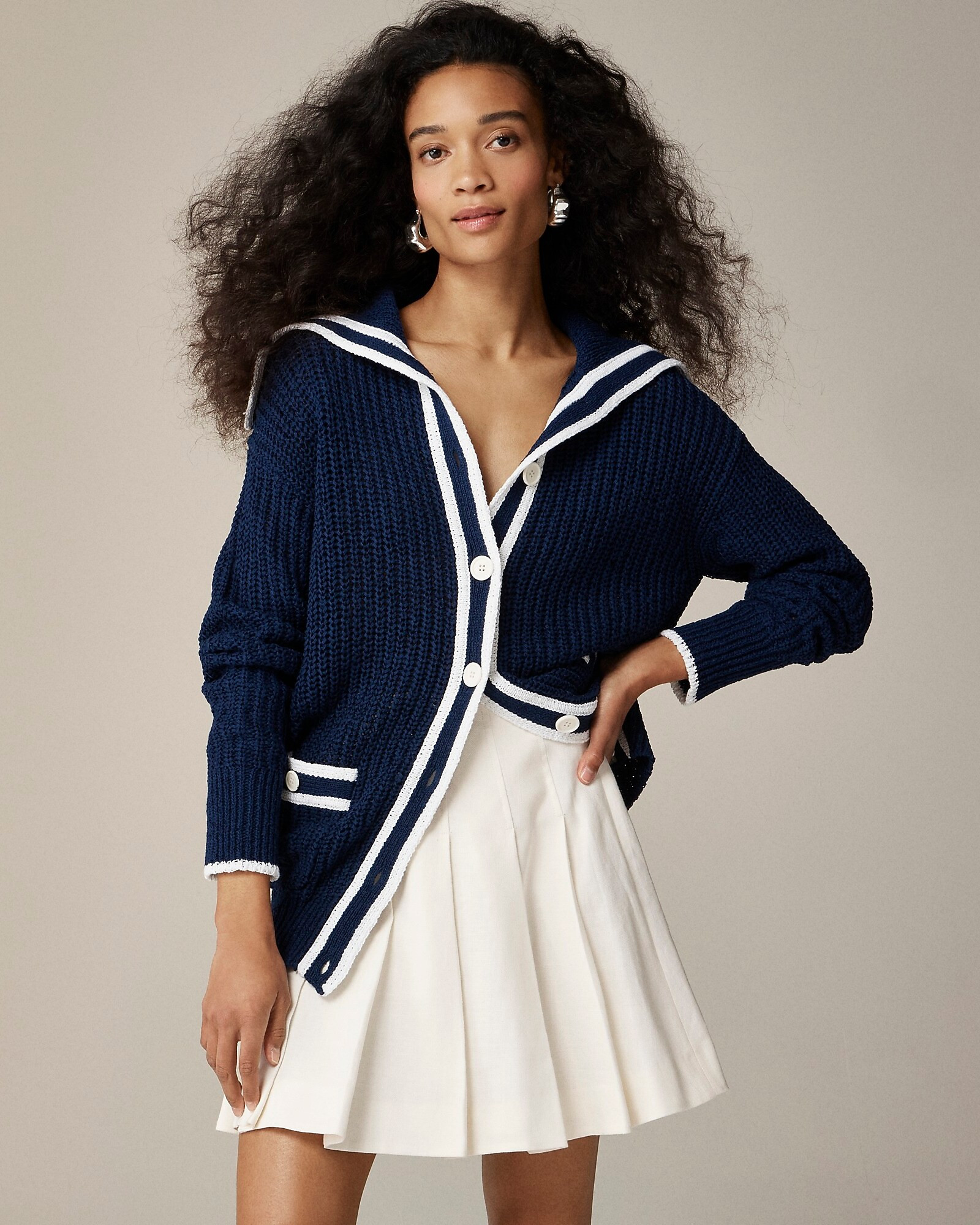 newTextured sailor cardigan sweater$158.00Dark Evening WhiteSelect a sizeSize & Fit InformationVi... | J. Crew US