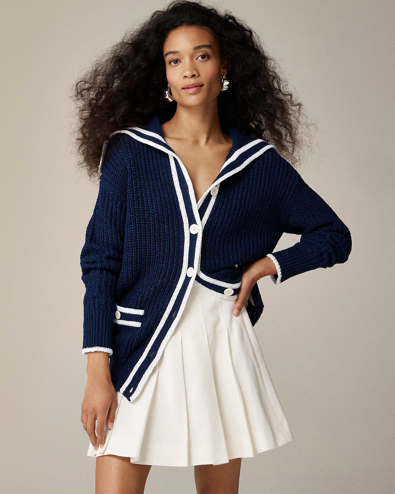 newTextured sailor cardigan sweater$158.00Dark Evening WhiteSelect a sizeSize & Fit InformationVi... | J.Crew US