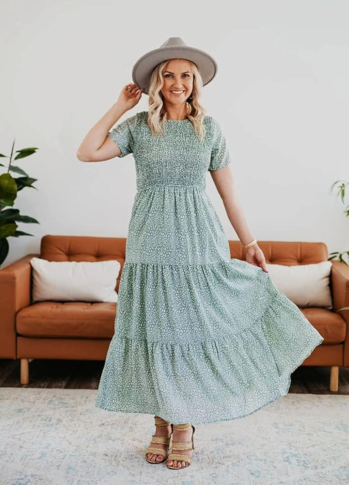 Maggeer Women's Summer Bohemian Short Sleeve Smocked Floral Tiered Maxi Dress | Amazon (US)