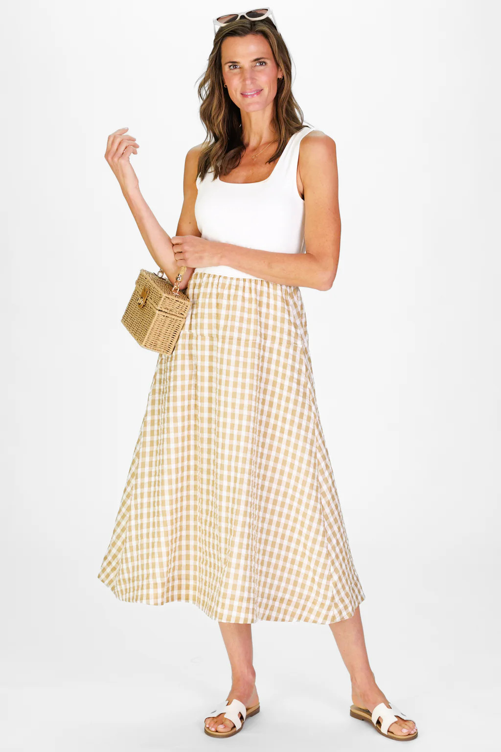 Jada Dress in Tan Gingham Seersucker | Duffield Lane