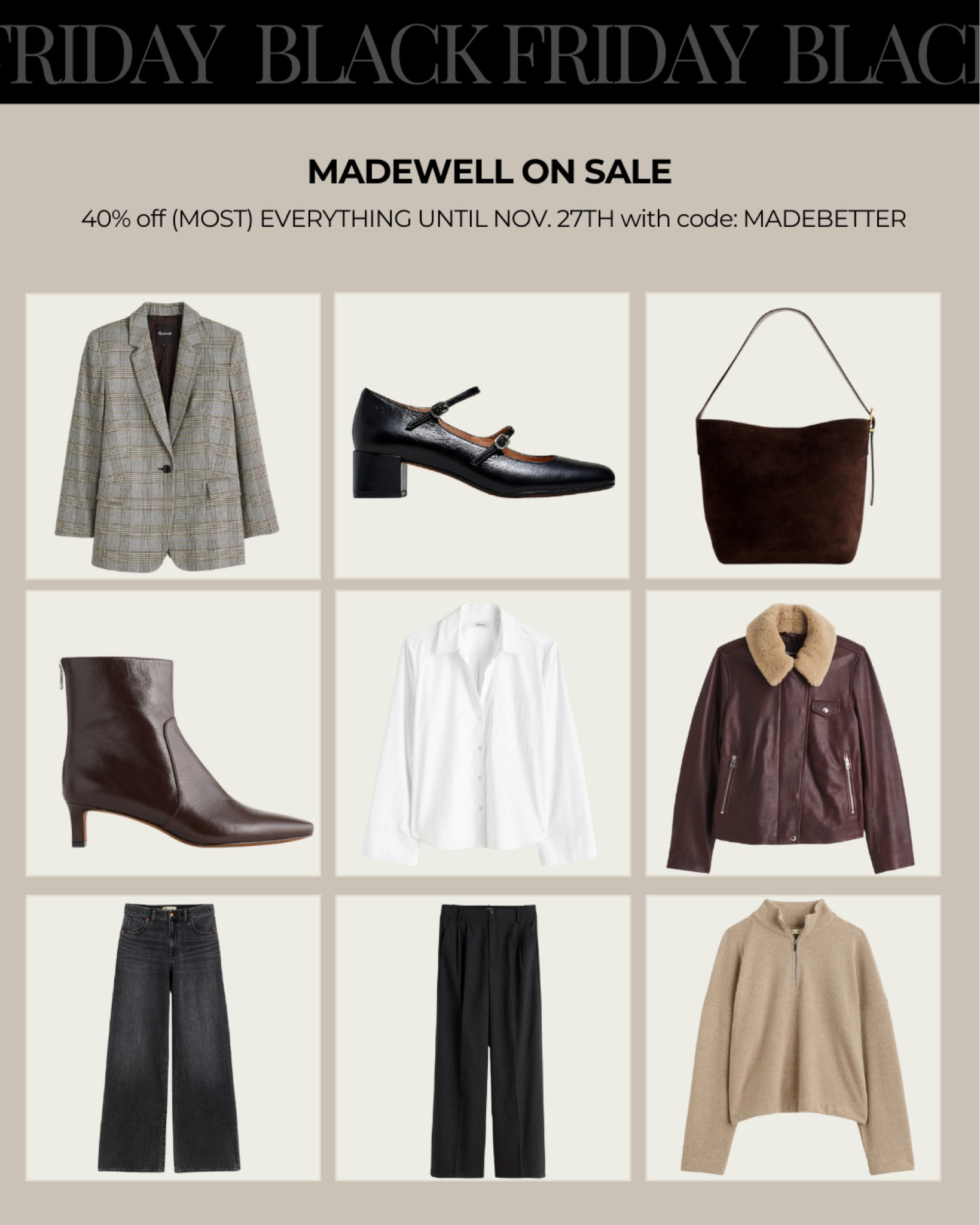 Madewell up to 40% off (MOST) Everything until Nov. 27th with code MADEBETTER. 




#LTKSeasonal #LTKSaleAlert #LTKCyberWeek