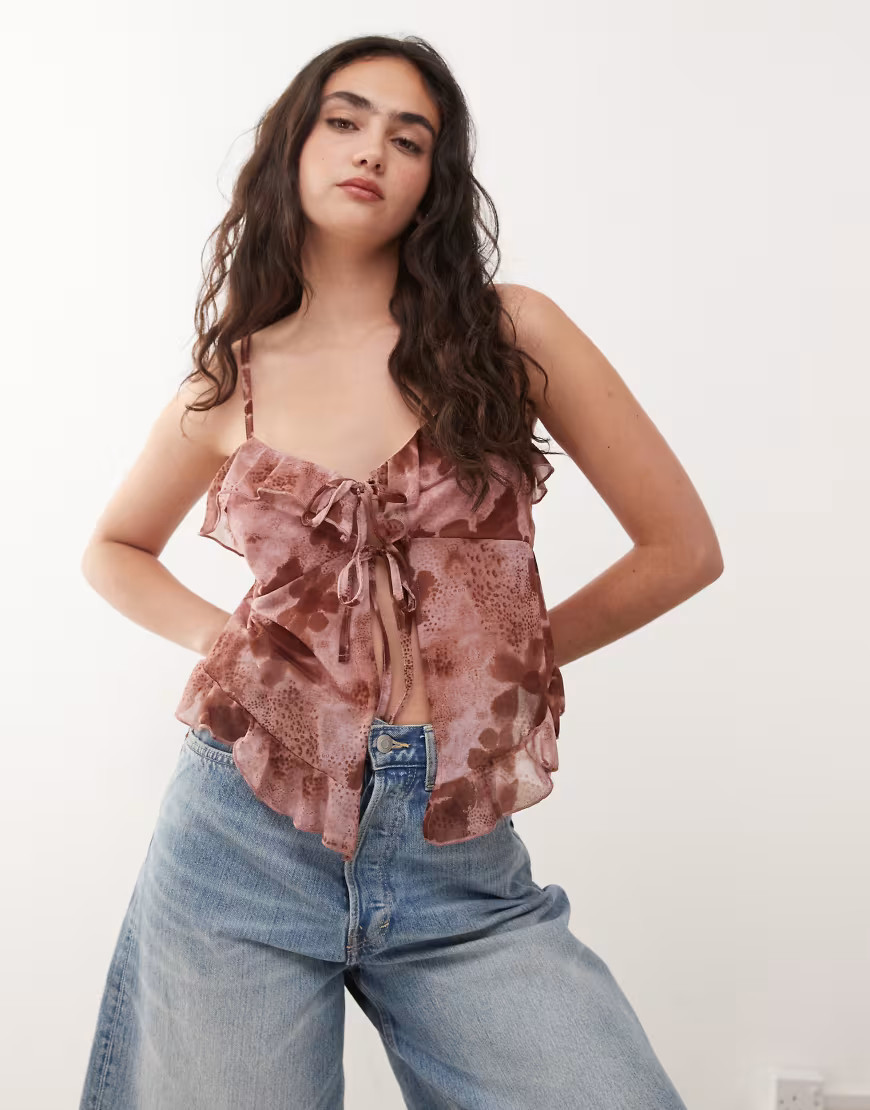 Reclaimed Vintage ruffle tie front boho top in pink floral print | ASOS (Global)