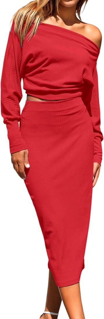 MASCOMODA 2023 Long Sleeve Midi Skirt Sets Women 2 Piece Outfits Off Shoulder Top Bodycon Ribbed ... | Amazon (US)