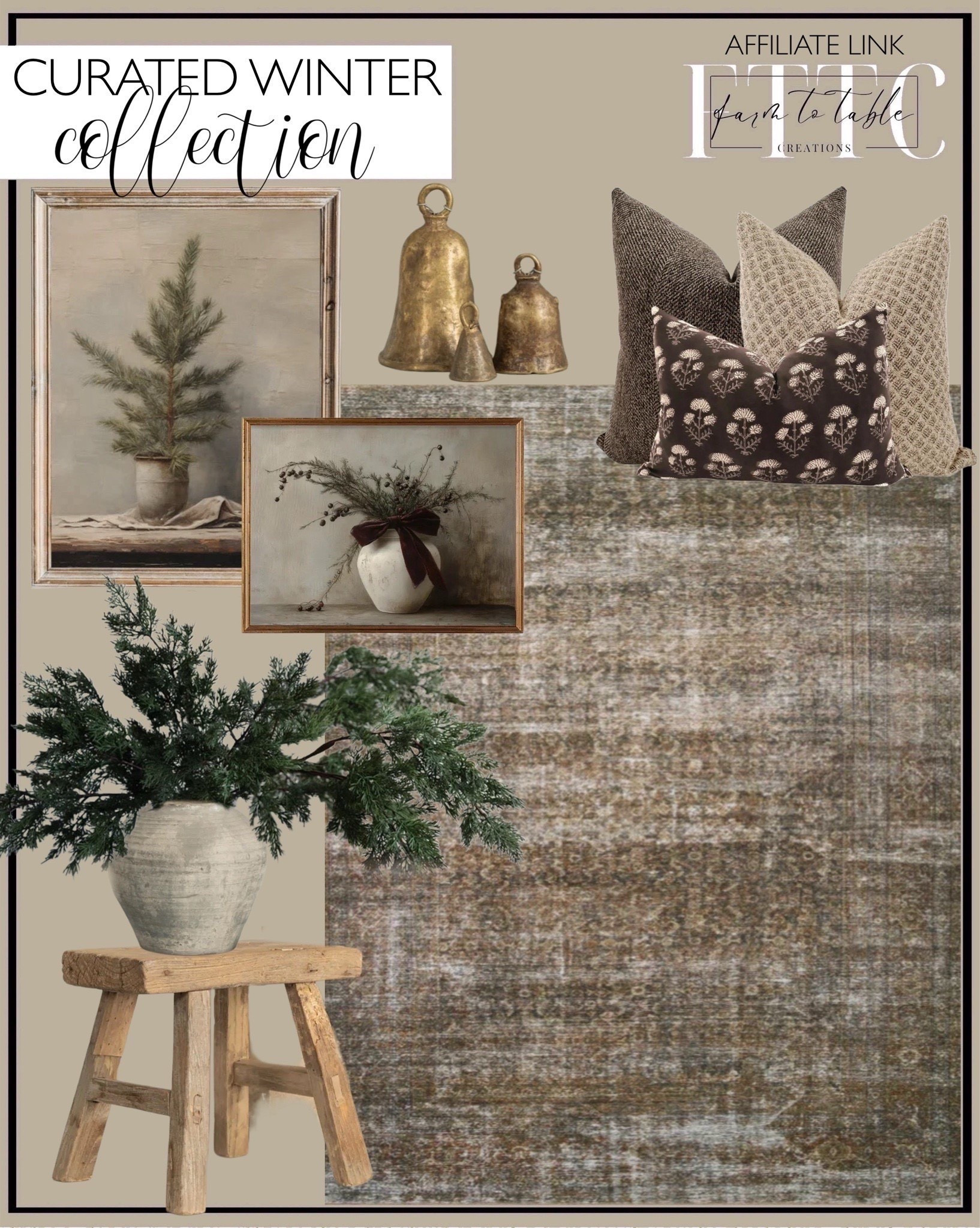 Curated Winter Collection. Follow @farmtotablecreations on Instagram for more inspiration.

Loloi Billie Tobacco Rust Area Rug. French Press Pillow Cover Set, Decorative Pillow Grouping, Boho Pillow Covers, Designer Pillows, California Casual Pillows, HACKNER HOME. Vintage Elm Small Rustic Stool. Trio of Vintage African Brass Cow Bells. Pine Tree Painting Digital Art. Holiday Floral Art, Printable Moody Christmas Art. 30.7" Natural Touch Faux Winter Cedar Branch-Green. 

Winter Decor | Amazon | Trending Decor | Viral Decor | Amazon Holiday | Christmas | Christmas Table | Tablescape | Christmas Tree | Bedroom corner | Coffee Table Decor | Neutral Decor | Fall Stem Sale | Target Finds | Skinny Bench | Bedroom | Living Room | Breakfast Nook | Amazon Home | Target Sale | Loloi Rugs | Magnolia Home | console table | console table styling | faux stems | entryway space | front porch decor | neutral decor | entryway decor | cozy home | affordable decor |  home decor | home inspiration | Christmas stems | Christmas console | Christmas vignette | christmas decor | fall decorations | console styling | entryway rug | cozy moody home | moody home decor | neutral home | bathroom decor | tree ornaments | living room

#LTKSaleAlert #LTKHome #LTKHoliday