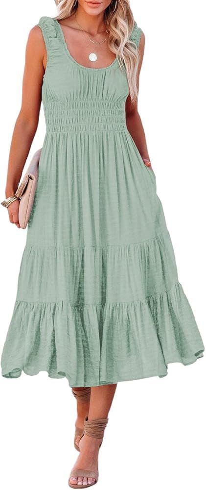 AlvaQ Women Summer Dresses Sleeveless Smocked Midi Dress High Waist Casual Tiered A Line Sundress... | Amazon (US)