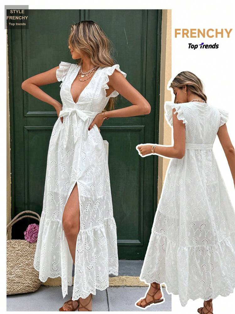 SHEIN Frenchy Women's Vacation Casual Solid Color Hollow Embroidery Split Dress, White Solid Color Textured Embroidered Fabric, Waisted V-Neck A-Hem Long Dress, Lotus Leaf Sleeves, Suitable For Vacation And Daily Wear, Spring/Summer | SHEIN