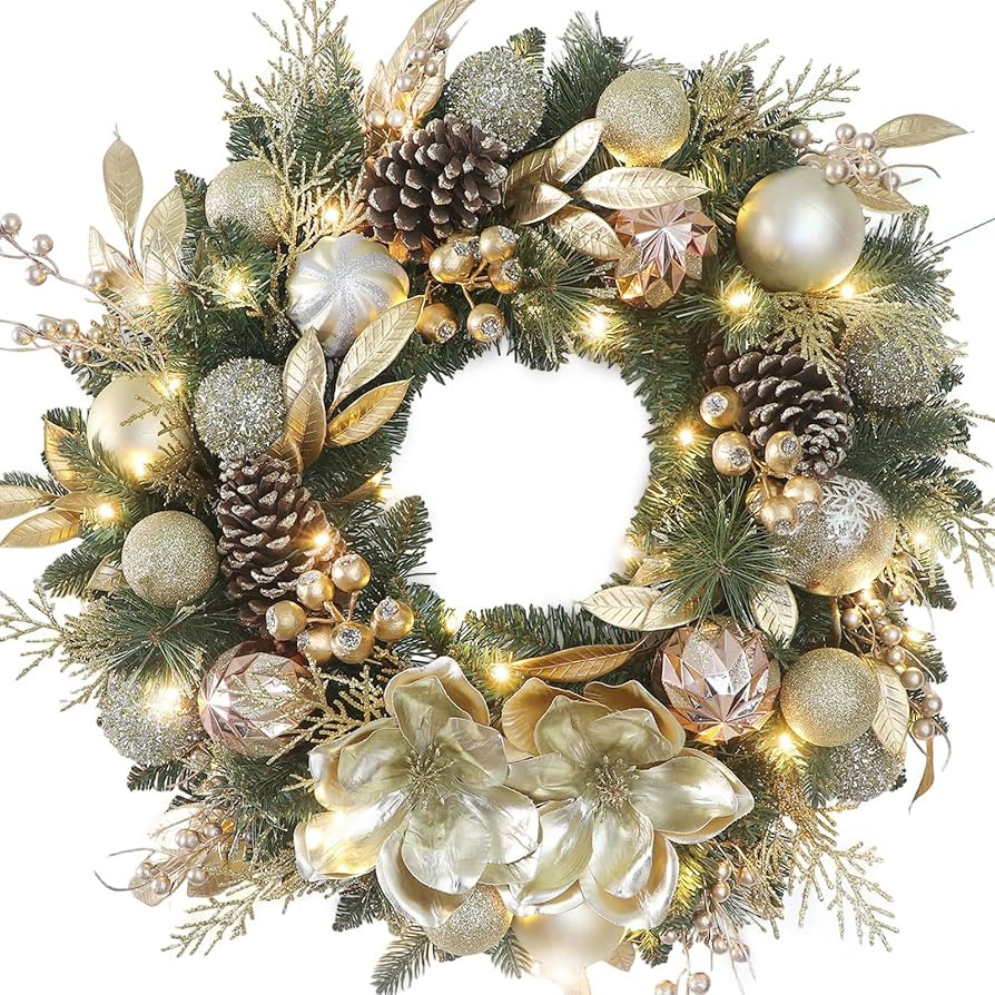 Chrisxiao 24 Inch Christmas Wreath for Front Door, Christmas Wreath with Golden Balls,Pine Needle... | Amazon (US)