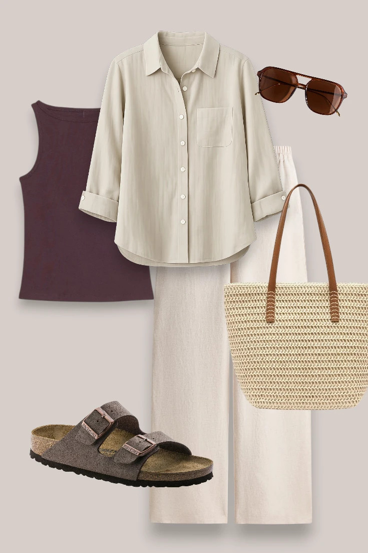 Postpartum outfit for summer with linen pants, linen shirt, tank top and sandals.  

 #LTKsummer #LTKstyletip #LTKmaternity