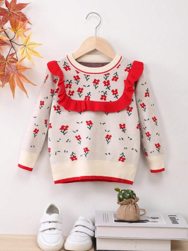 Young Girl Floral Pattern Ruffle Trim Sweater | SHEIN
