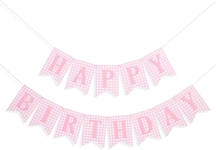 Pink Gingham Happy Birthday Banner - Pink and White Birthday Decorations for Girls, Happy 1st Bda... | Amazon (US)