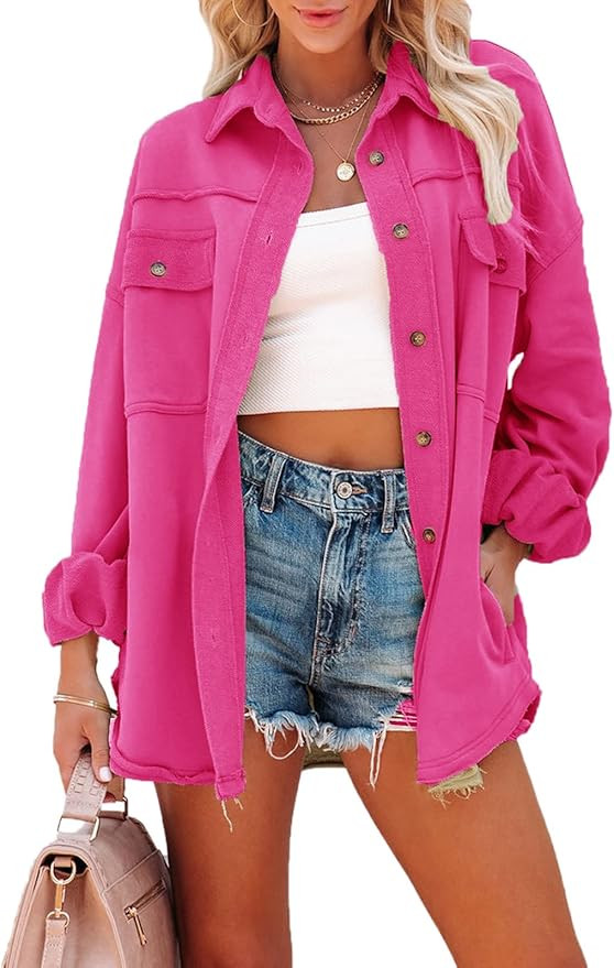 Paintcolors Women's Button Down Shirt Oversized Long Sleeve Frayed Knit Outerwear Tops with Pocke... | Amazon (US)