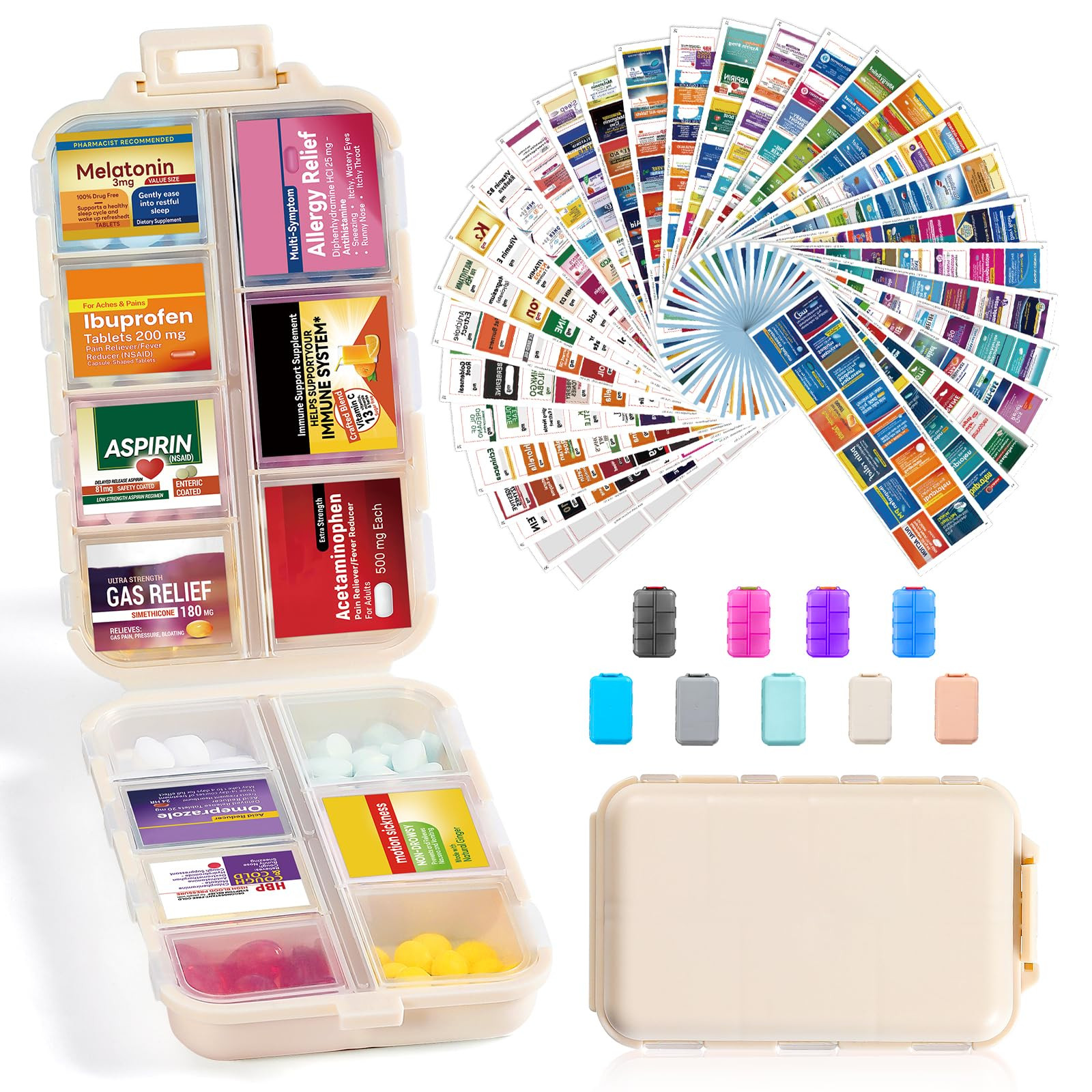 14 Grids Travel Pill Organizer Box with 415-Pcs Medicine Name Labels - Pocket Daily Pharmacy Case... | Amazon (US)