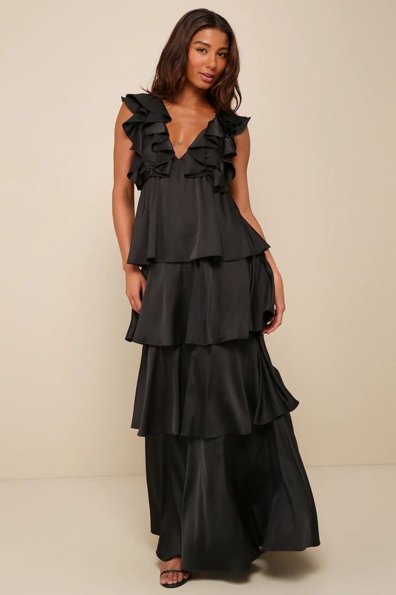 Black Satin Ruffled Tiered Tie-Back Maxi Dress | Black Maxi Dress | Black Satin Dress | Lulus