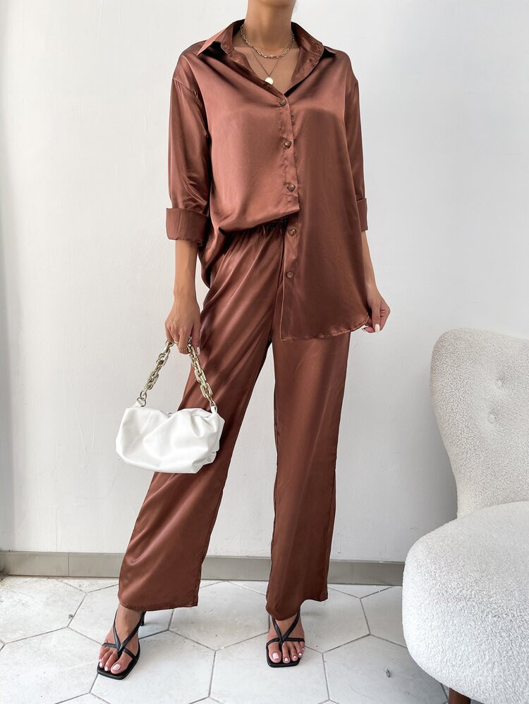 Drop Shoulder Satin Blouse & Pants | SHEIN
