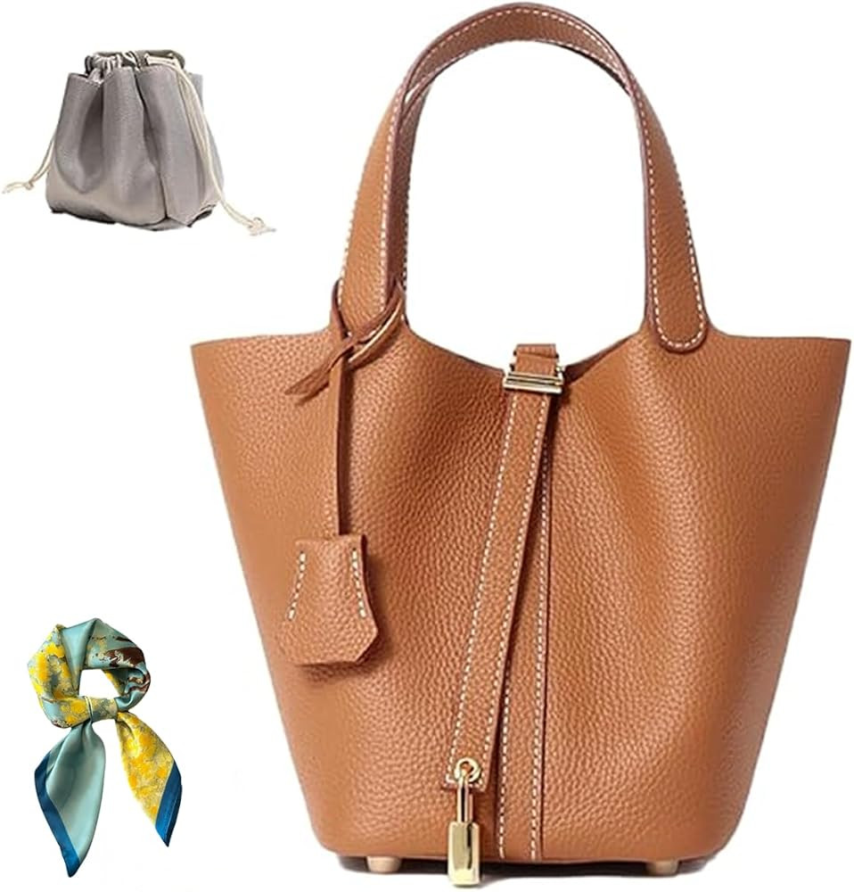 Genuine Leather Lock Design Bucket Bag Vegetable Basket, Fashionable and Versatile Shoulder Handb... | Amazon (US)