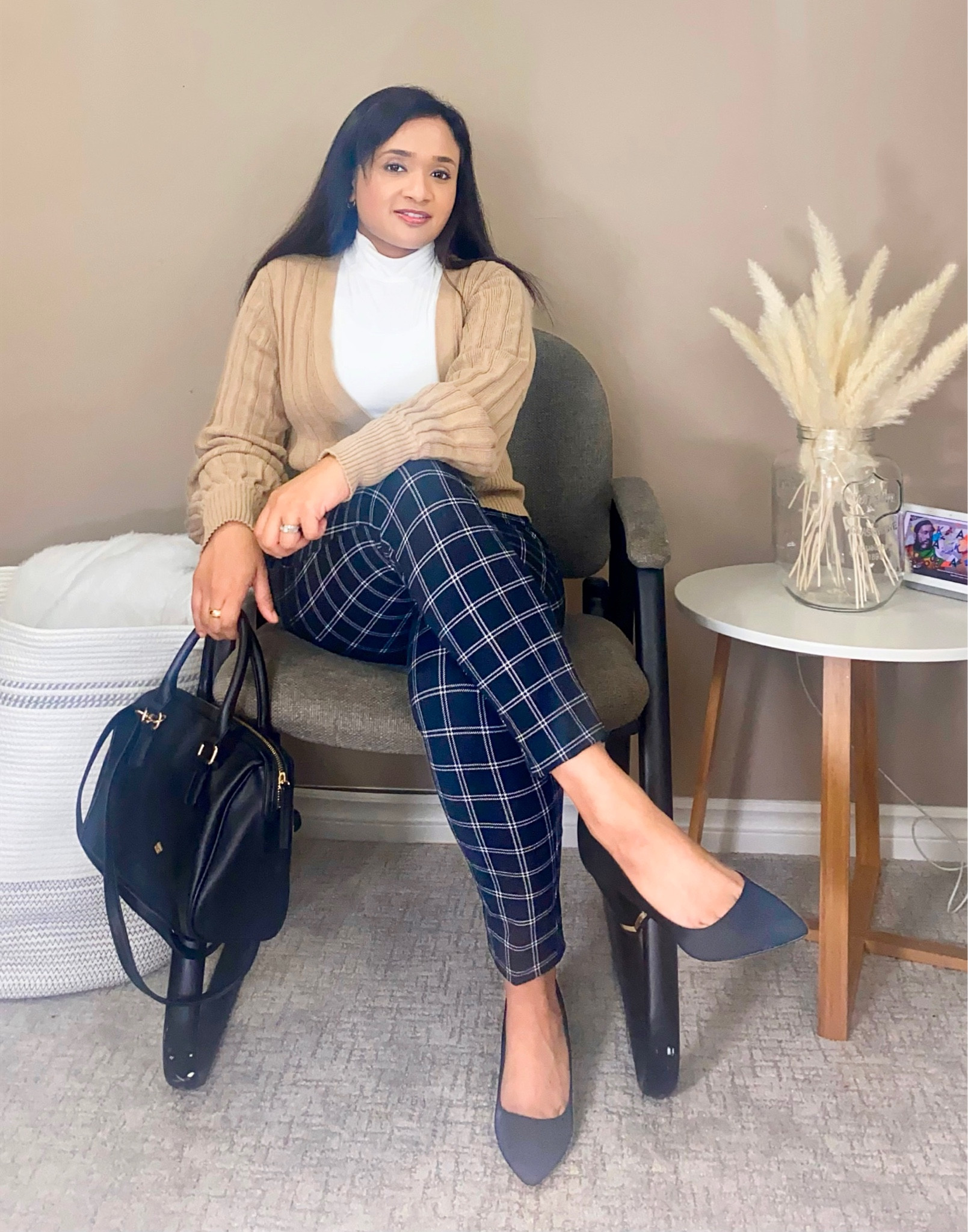 Business casual outfit. 
Plaid pants, khaki cardigan, white turtleneck,black heels, small tote bag

#LTKstyletip #LTKworkwear #LTKSeasonal