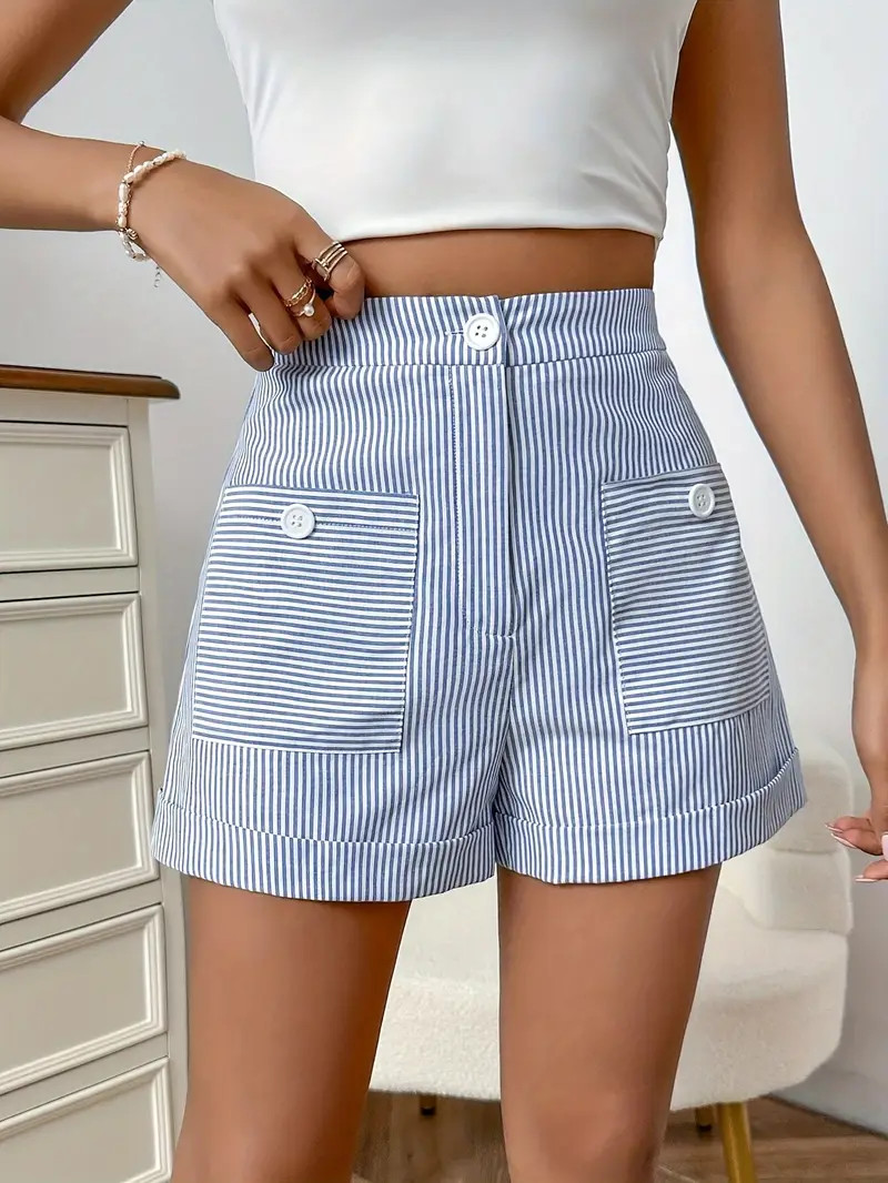 Striped Button Rolled Edge Shorts Elegant High Waist Shorts - Temu | Temu Affiliate Program