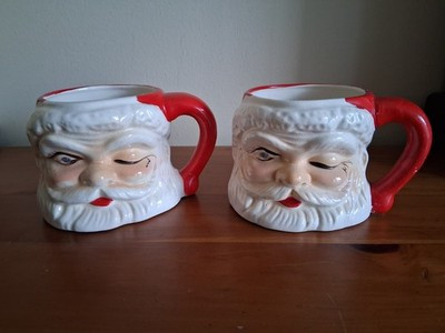 Pair of Vtg Christmas Ceramic Winking Blue Eyed Santa Face Mugs 3" Tall unmarked | eBay US
