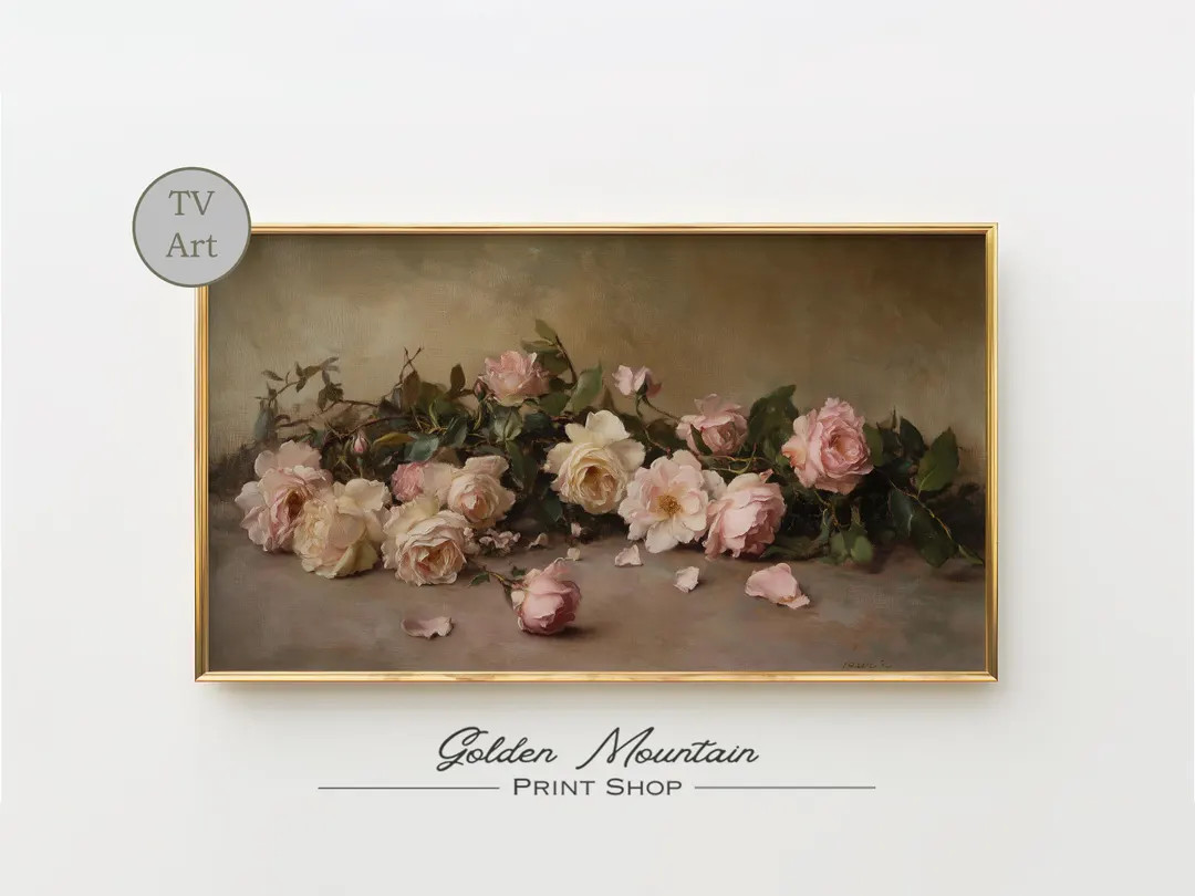 Moody Pink Roses Frame TV Art Digital Download Dark Academia Print Antique Moody Valentines Samsu... | Etsy (US)
