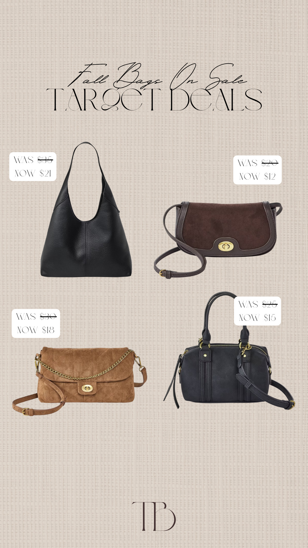 love these bags on sale!!

target deals week, target sale, bags on sale, fall bags, affordable fall bags, tori block 

 #LTKgrwm #LTKSeasonal #LTKSaleAlert