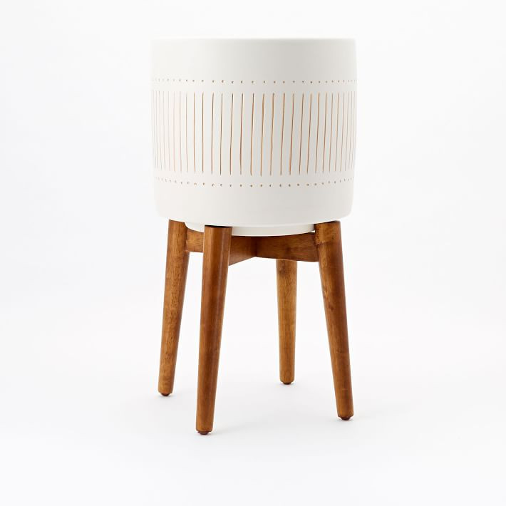 Mid-Century Turned Wood Leg Planters - Gold Stripe | West Elm (US)