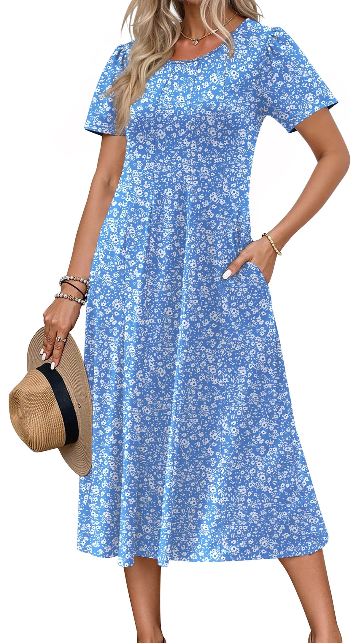 Fantaslook Summer Dresses for Women Casual Short Sleeve Pleated Dress Flowy Floral Dress with Poc... | Walmart (US)