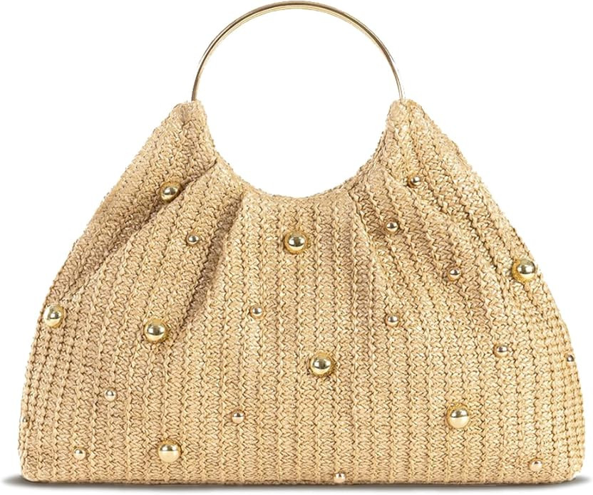 KingTo Straw Bag for Women, Woven Handbag with Gold Studs & Ring Handle, Boho Summer Beach Bag, C... | Amazon (US)